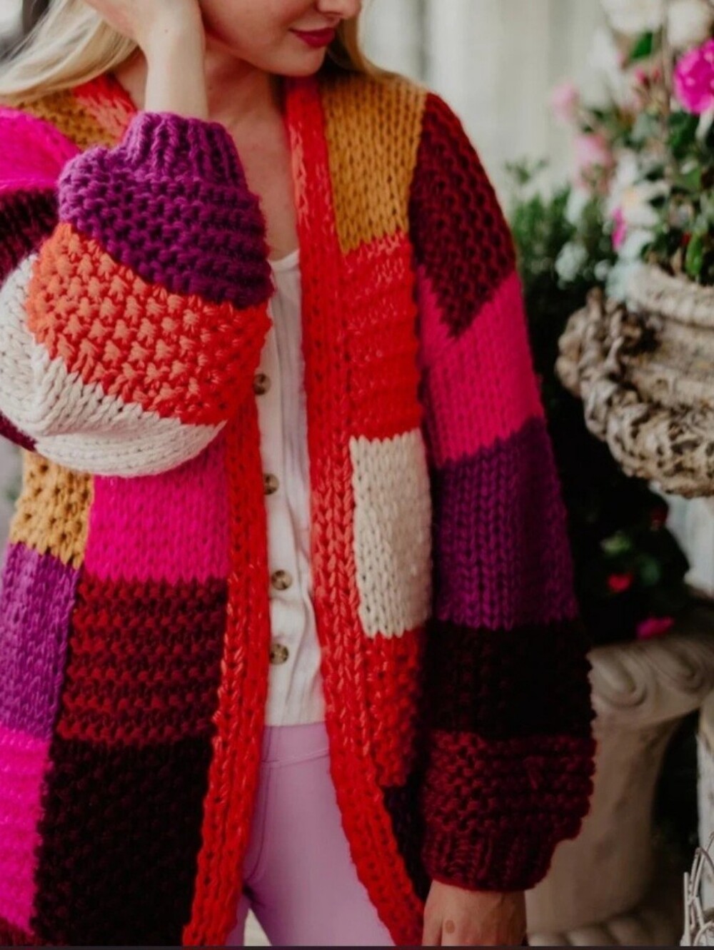 Katydid Chunky Crochet Open Cardigan Sweater Colorful Colorblock M/L Boho
